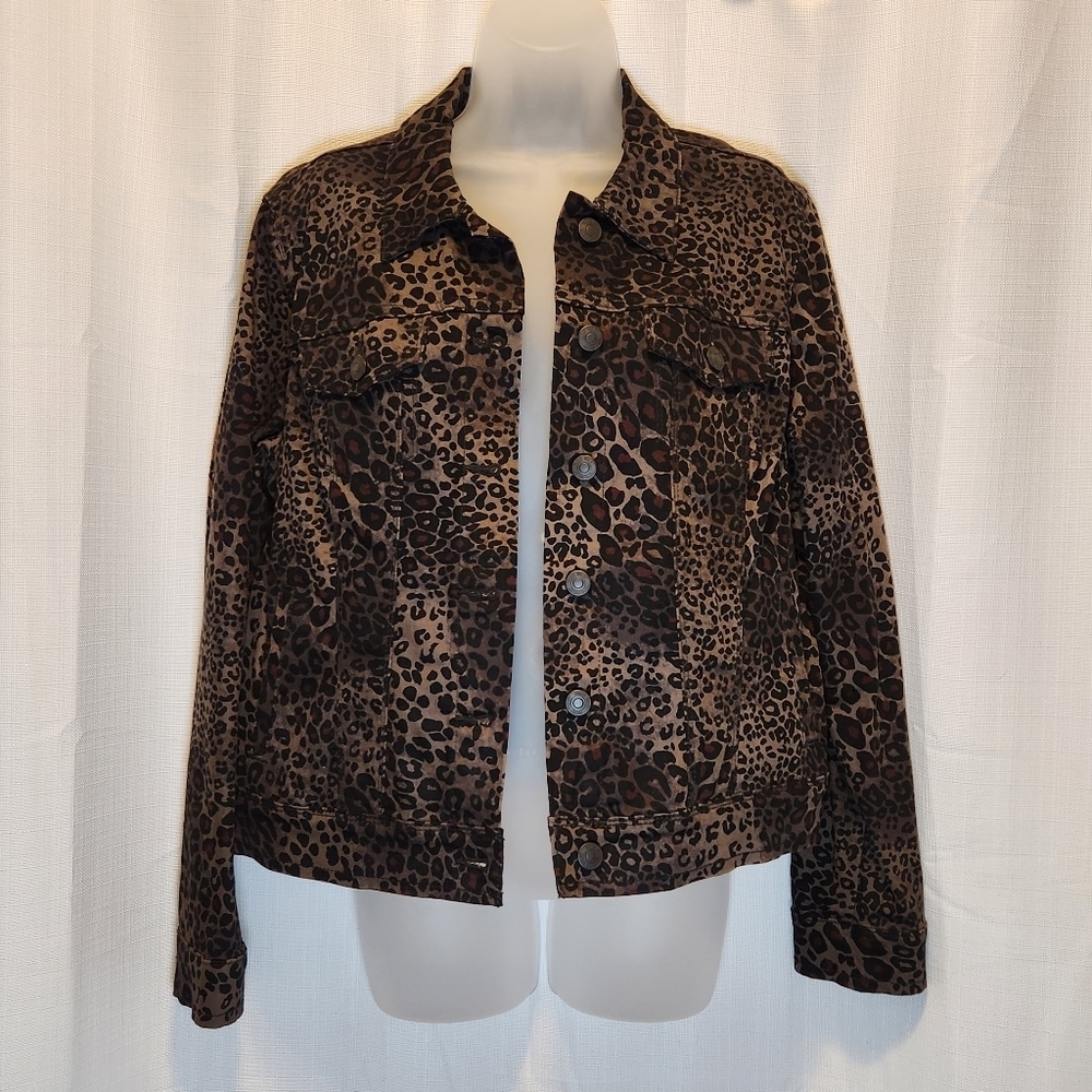 NWOT Nine West Dark Brown Leopard Button Up Jean Jacket Size L
